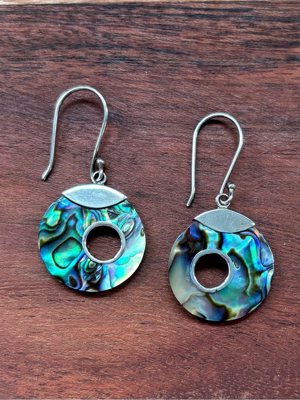 Sterling Silver Abalone Shell Donut Drop Earrings - Iridescent Blue-Green
